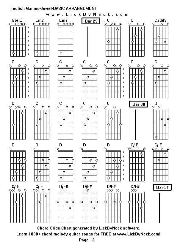 Chord Grids Chart of chord melody fingerstyle guitar song-Foolish Games-Jewel-BASIC ARRANGEMENT,generated by LickByNeck software.